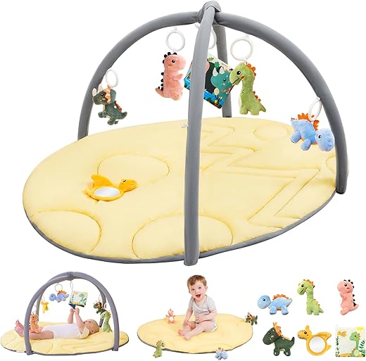 Baby Play Gym Mat, Dinosaur Egg Shped Tummy Time Activity Mat with 6 Detachable Toys for Tollder Sensory & Motor Skill Development, Newborn Infant Baby Essentials Gift