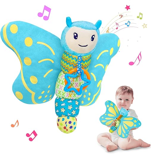 Baby Toys 0-6 Months,Infant Musical Sensory Stuffed Animal with Squeaker,Rattle,Crinkle Wings,Teether & Hanging Ring,Tummy Time Toy for Newborn 0-3-6-12 Months Boys & Girls...