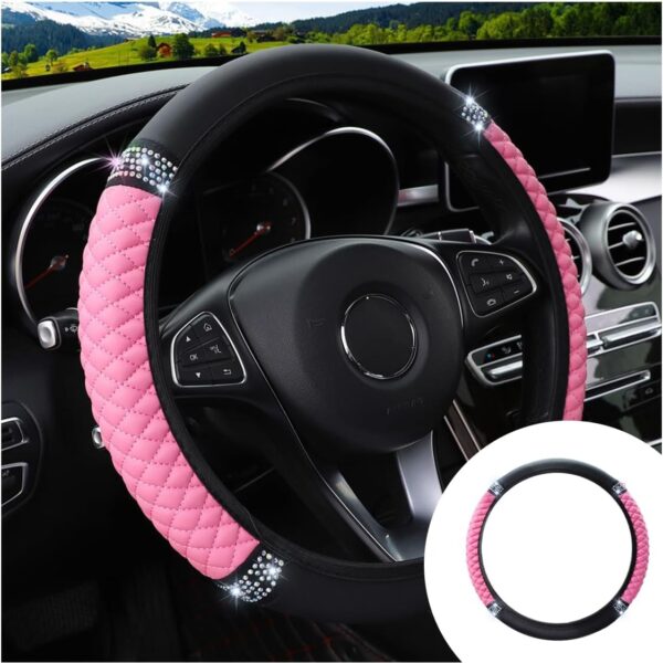 Bling Soft Leather Steering Wheel Cover, 15 Inch Colorful Rhinestones Auto Elastic Protector with Crystal Diamond for Women Girls, Car Accessories for Most Cars, SUVs (Pink)