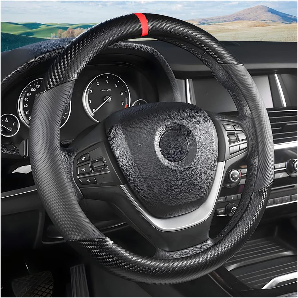 Carbon Fiber Car Steering Wheel Cover, Universal 15 inch Breathable Anti Slip Steering Wheel Covers, Car Interior Accessories for Men and Women, Fit for Most Car, Trucks, SVU...