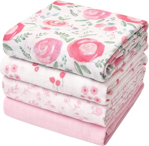 david's kids 4 Pack Baby Muslin Swaddle Blankets, 100% Cotton and Ultra Soft Breathable Receiving Blanket Wrap for Girls, New Born Essentials, Floral Flowers/Pink