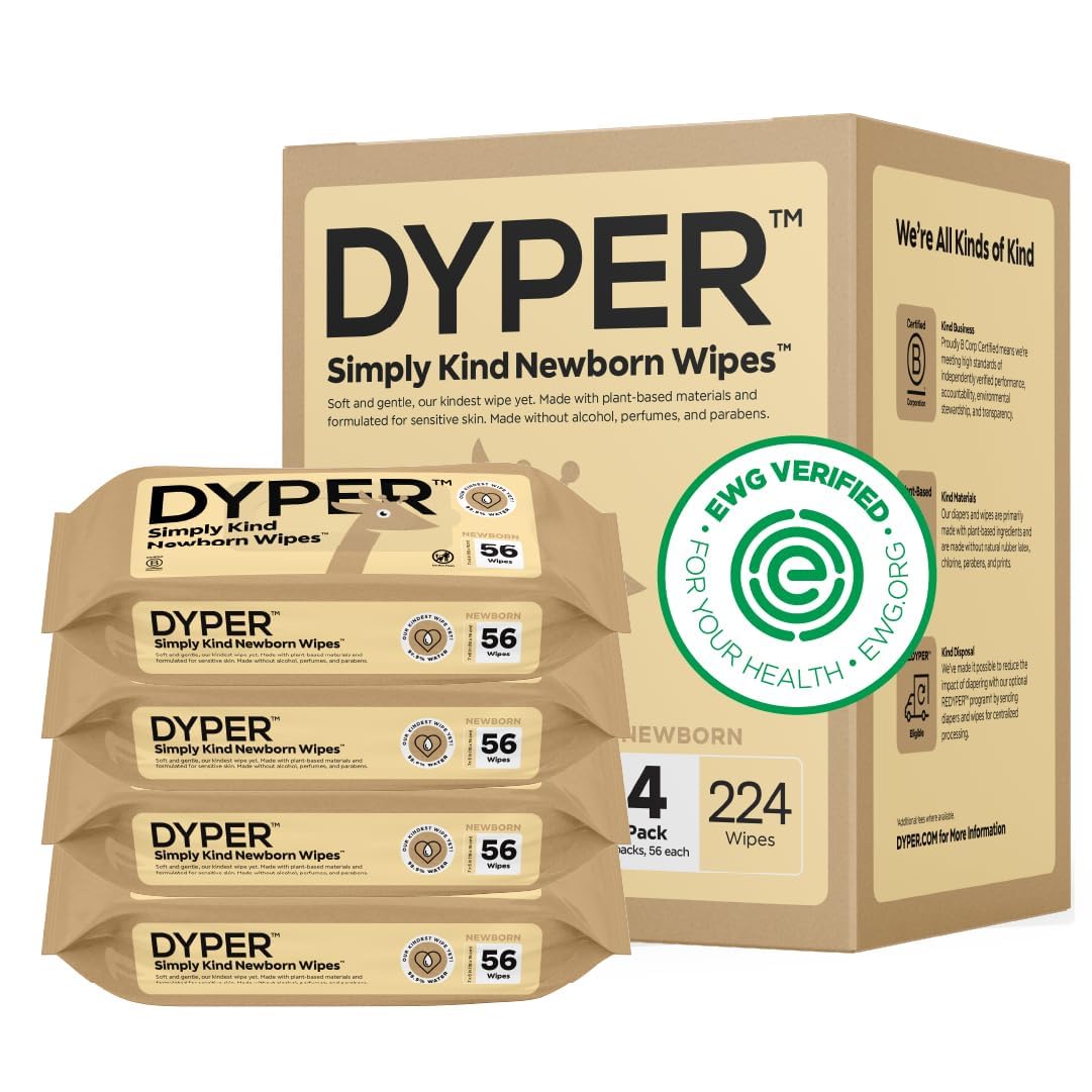 DYPER EWG-Verified Newborn Baby Wipes | 99.9% Water | 100% Plant-Based | Unscented, Soft & Hypoallergenic for Sensitive Newborn Skin | Plastic-Free | Honest Ingredients | 4...