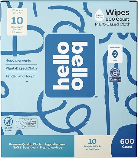 Hello Bello Extra Gentle Unscented Baby Wipes, Plant Based, Made with 99% Water and Aloe for Babies and Kids, 60 Count (Pack of 10) Total 600 Count