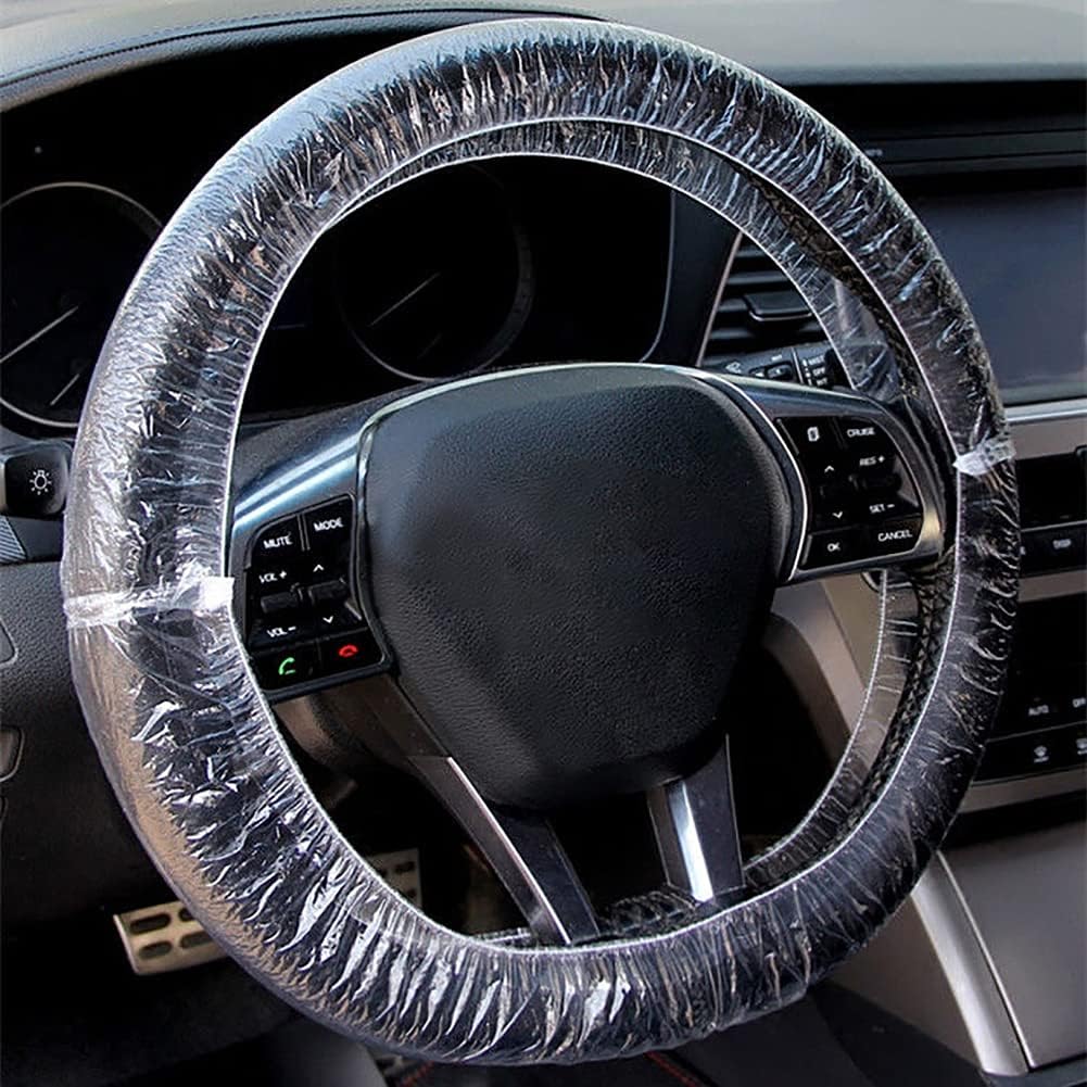 ICWEIMEI 500PCS Universal Disposable Steering Wheel Cover Plastic Transparent Car Steering Wheel Covers with Elastic Trims for Steering Wheels