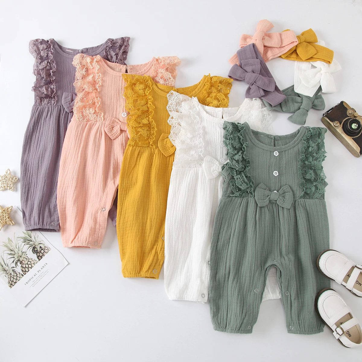 Baby Girl Cotton Linen Romper Two-piece Clothes Set Sleeveless Round Collar Jumpsuit Headdress Pink/ White/ Purple/ Green/Yellow