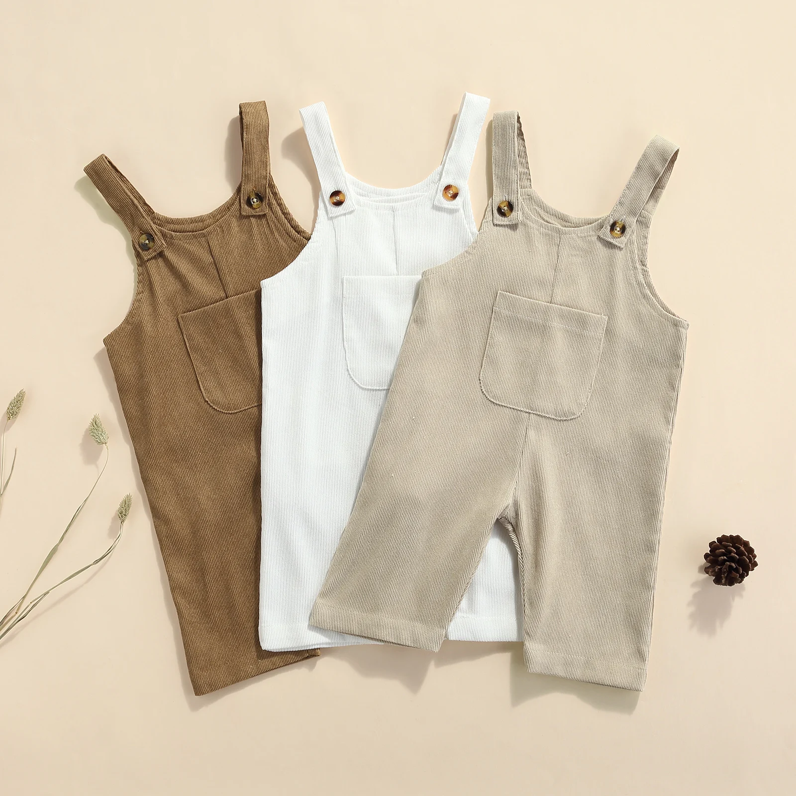 Baby Romper, Kids Solid Color V-Neck Sleeveless Jumpsuit with Pocket for Spring Fall, Khaki/Coffee/White, 0-3 Years