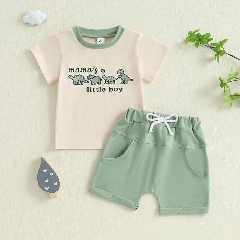 Baby Toddler Boy Summer Outfit Clothes Dinosaur Embroidery Short Sleeve T-shirt Solid Elastic Waist Shorts 2 Piece Set