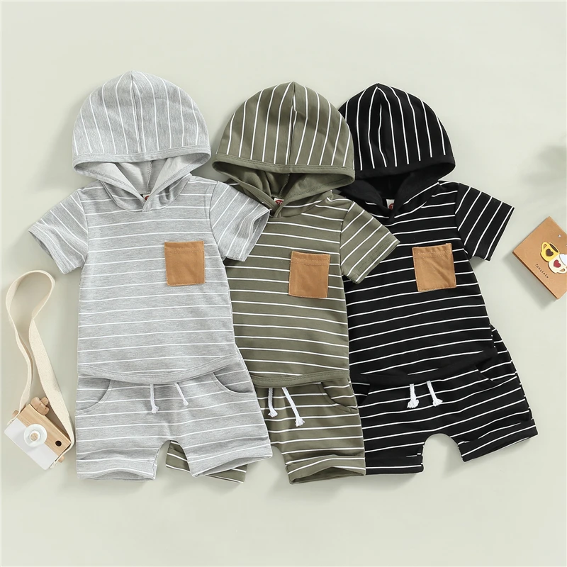 Toddler Baby Boys Summer Clothing Outfits Stripes Short Sleeve Hooded Sweatshirt and Casual Elastic Drawstring Shorts Set