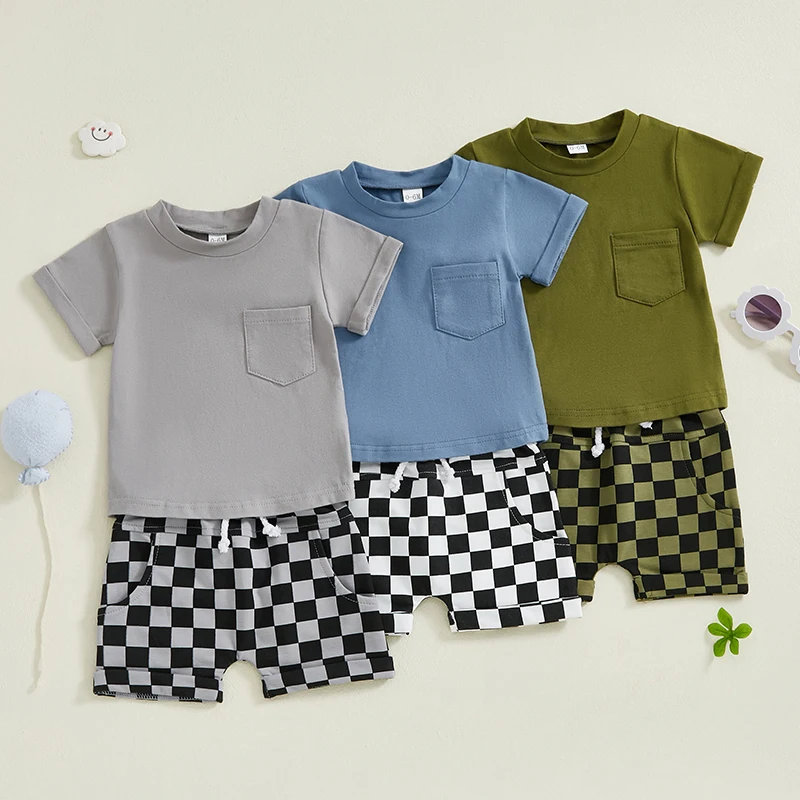 2024-11-02 Lioraitiin Toddler Baby Boy Summer Outfits Solid Color Short Sleeve T-shirt Checkered Shorts 2Pcs Set