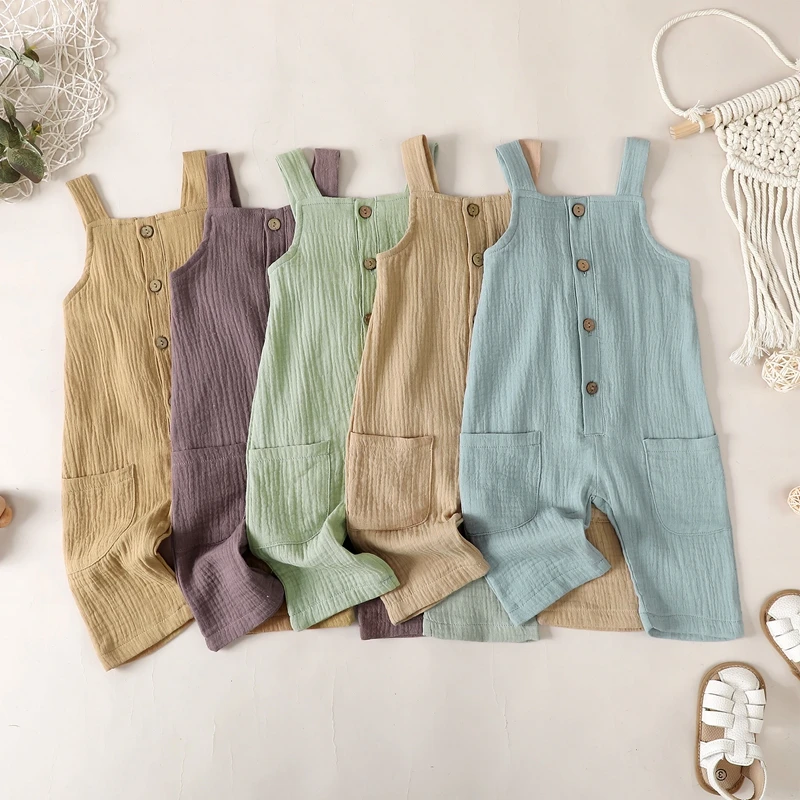 Toddler Girls Boys Romper Solid Color Pocket Buttons Straps Sleeveless Jumpsuits Summer Casual Clothes Bodysuits Overalls 6M-4T