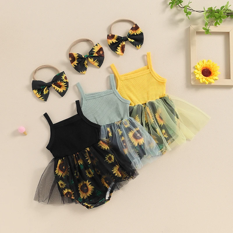 Baby Girls Rompers Dress Sunflower Print Spaghetti Strap Tulle Skirt Hem Infant Bodysuits Jumpsuit Summer Clothes with Headband