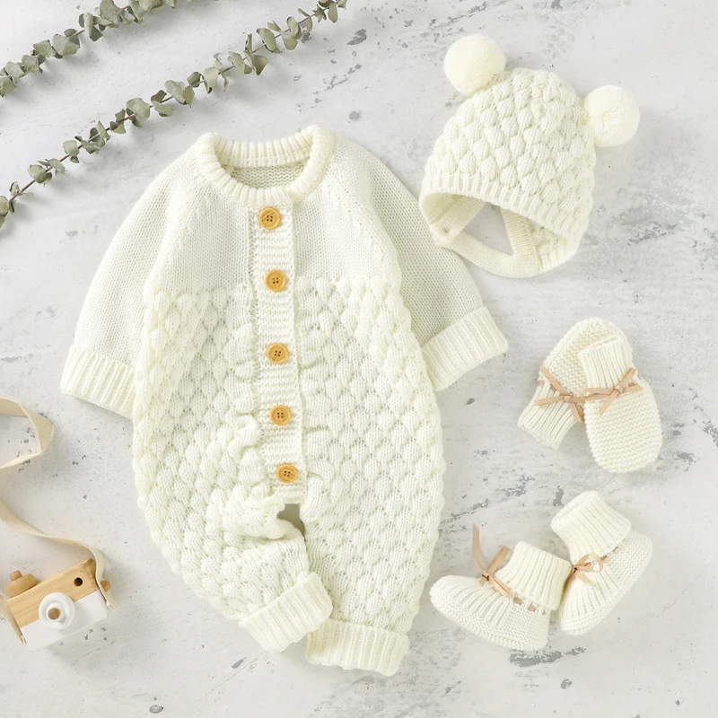 Winter Newborn Baby Rompers Long Sleeve Knit Infant Boys Girls Solid Jumpsuits Playsuits Hats Outfits Sets Toddler Clothes 0-18m