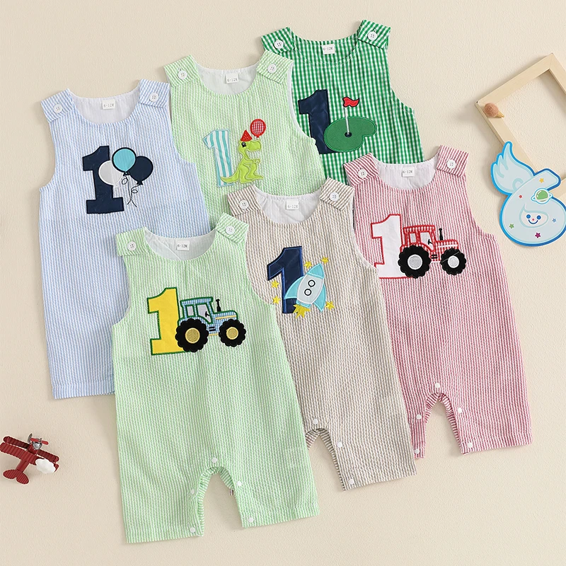 Baby Plaid Birthday Tank Romper Letter Cake Embroidery Sleeveless Jumpsuit for Boys Girls