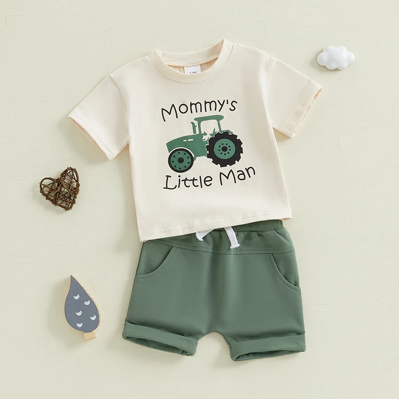 Newborn Toddler Boys Summer Clothes Set Tractor Letter Print Short Sleeve Round Neck Tops Elastic Waistband Shorts 0-3Y