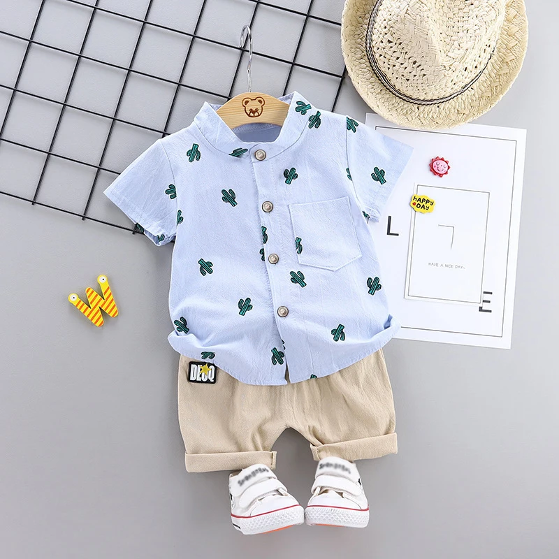 Infant and toddler summer full print cactus pattern short sleeved shorts set, outdoor standing collar shirt, fashionable two-pie