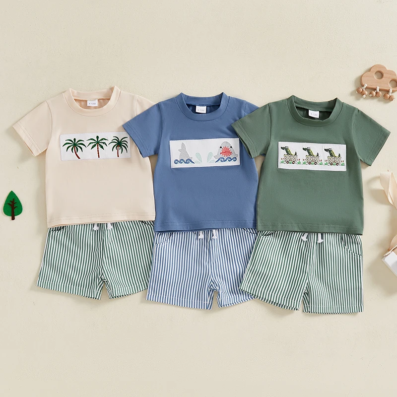 Baby Toddler Boys Summer Clothing Sets Tree/Duck Short Sleeve O-neck T-shirts Striped Elastic Waist Shorts 2 Piece Outfits