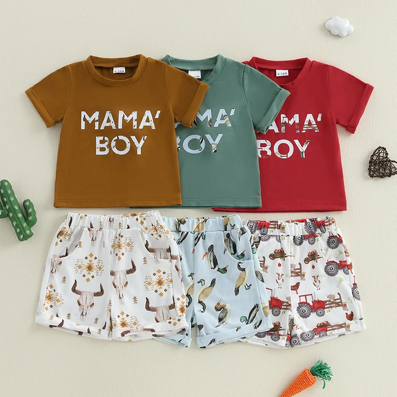 Vintage Kids Boys Summer Clothes Sets Short Sleeve O Neck Letter Print T-shirts Cattle Head/Duck/Tractor Print Shorts Tracksuits