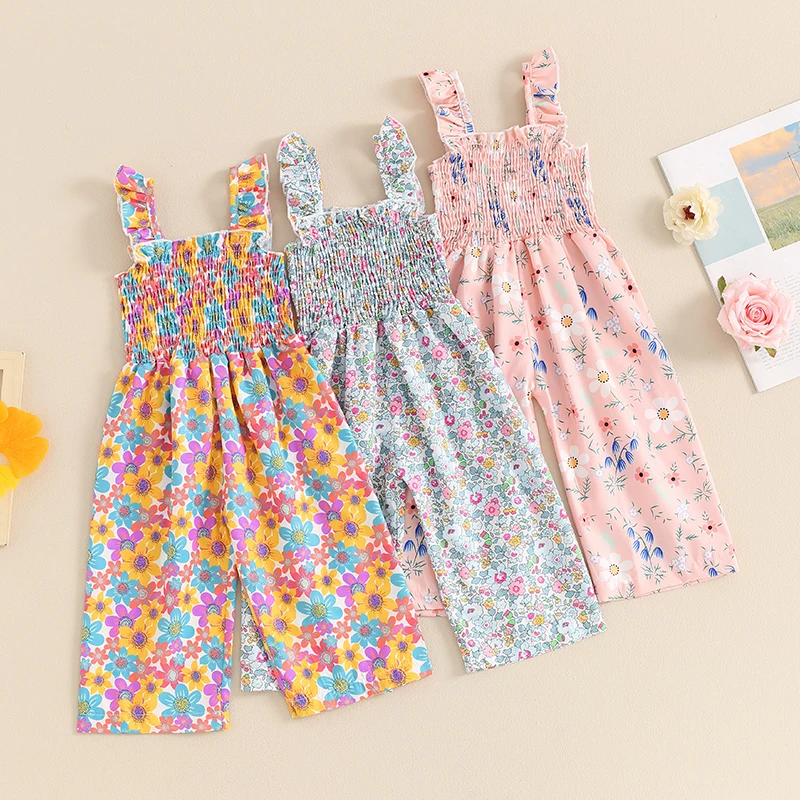 2024-04-01 Lioraitiin 0-4Y Lovely Baby Girls Summer Jumpsuit Sleeveless Strap Floral Print Wide Leg Pants for Toddler Clothes