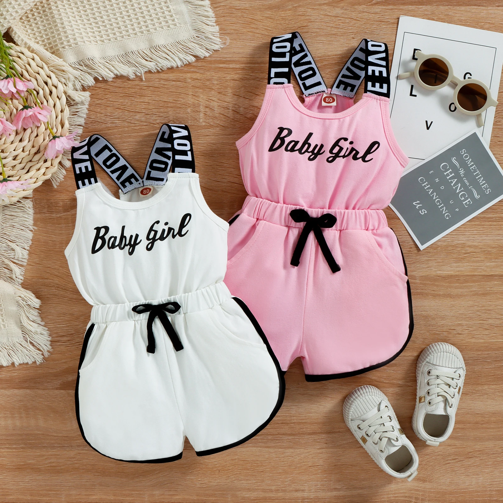 Toddler Kids Baby Girls Summer Romper, Sleeveless Crew Neck Letter Print Short Jumpsuit Elastic Waist Clothes 9M-4T