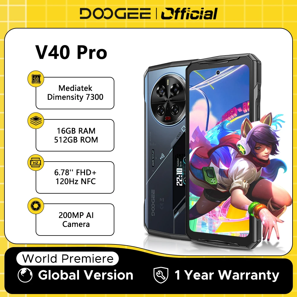 World Premiere DOOGEE V40 Pro 5G Rugged Phone 6.78" 16GB+512GB Gaming Phones Dimensity 7300 200MP AI Camera 8680mAh Android 14