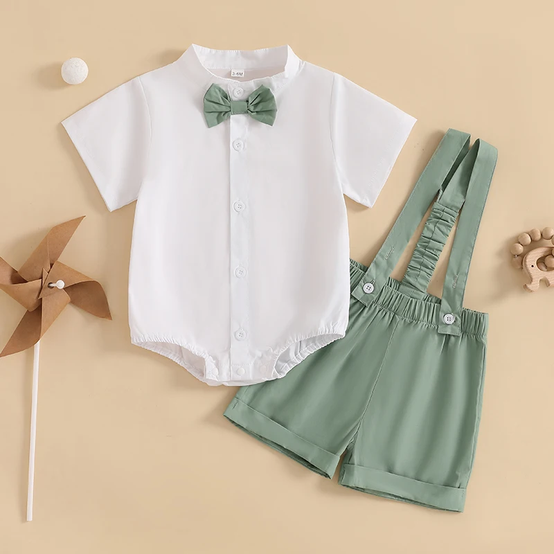 Summer Baby Boys Clothes Sets Toddler Gentleman Outfit Fashion Solid Color Short Sleeve Romper with Suspender Shorts 2pcs Set