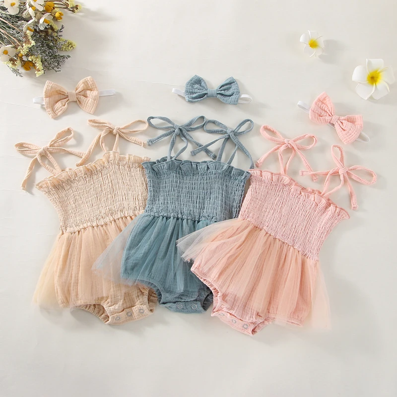 Summer Baby Romper Set Cotton Sleeveless Toddler Princess Tulle Dress Infant Girls Bodysuit Baby Jumpsuit And Headband