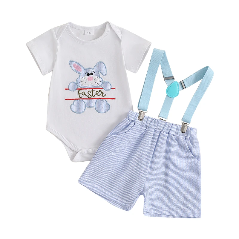 Pudcoco 2Pcs Baby Boys Spring Outfits Short Sleeve Bunny Embroidery Romper + Suspender Shorts Set Infant Clothes 0-18M