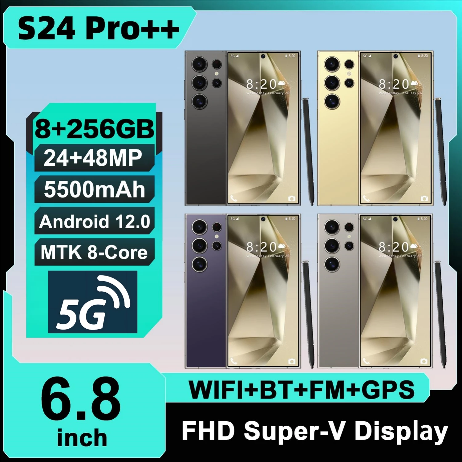 Smartphone S24 Pro++,Android,6.8 inch,8GB RAM,256GB，512GB ROM,Dual SIM,Mobile phone,Google Play Store,24+48MP,5500mAh,Cellphones