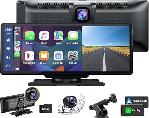 LAMTTO 9.26" Wireless Carplay and Android Auto with 2.5K Dash Cam, 1080P Backup Camera, Portable Touchscreen GPS Navigation for Car, Car Stereo Receiver with...