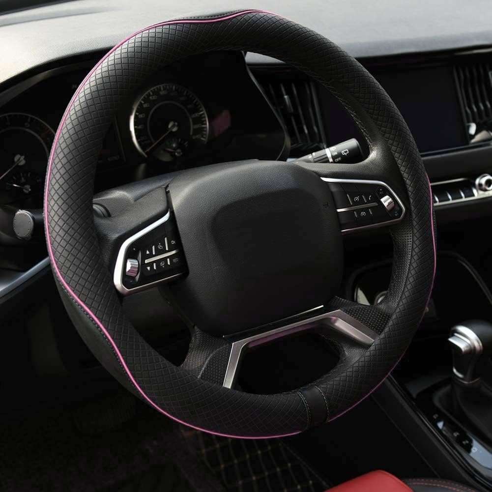 Microfiber Leather Steering Wheel Cover Anti-Slip Matte Finish Auto Car Wheel Cover Universal 15 Inch Wheel Cover for Car Embossing Pattern (Pink Line)