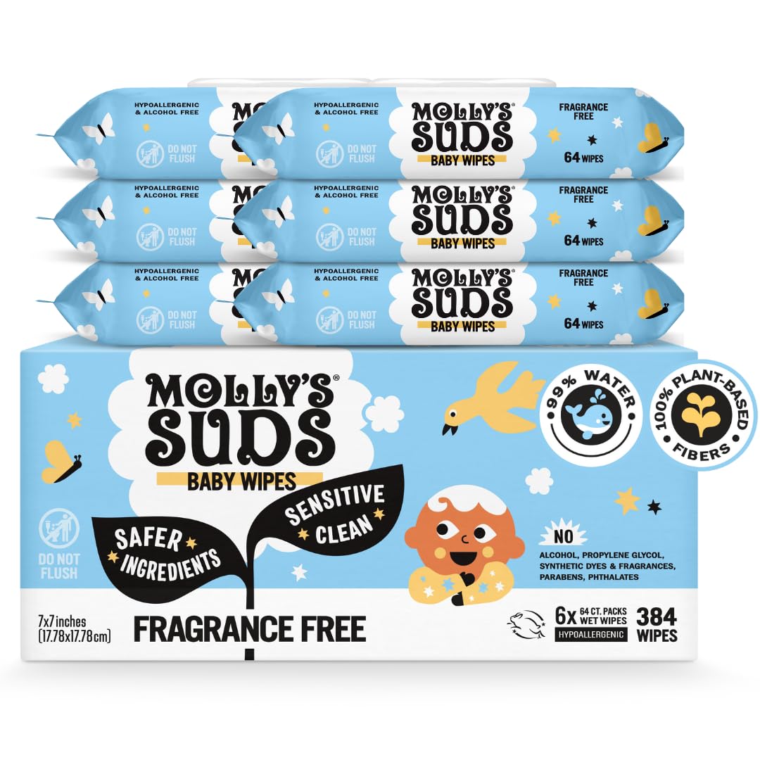 Molly's Suds Sensitive Clean Baby Wipes | 99% Water, Plant-Based, Fragrance Free | 384 Total Wipes (6 Flip-Top Packs)