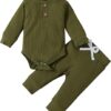 Newborn Baby Boy Girl Clothes Ribbed Knitted Cotton Long Sleeve Romper Long Pants Solid Color Fall Winter Outfits