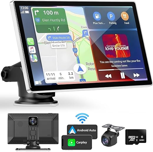 Portable Apple Carplay Screen for Car, 9" Wireless Apple Carplay & Android Auto,4K Dash Cam,1080p Backup Camera DVR,Car Audio Receivers GPS Navigation Mirror Link, Bluetooth,FM,...