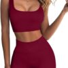 QINSEN Ribbed Workout Outfits for Women 2 Piece Seamless Sport Bra High Waist Yoga Leggings Sets