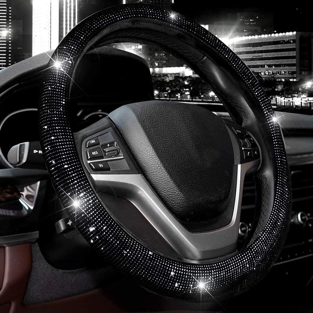 Valleycomfy Steering Wheel Cover for Women Men Bling Bling Crystal Diamond Sparkling Car SUV Wheel Protector Universal Fit 15 Inch (Black with Black Diamond, Standard Size(14"...