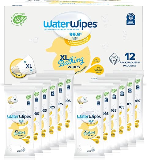 WaterWipes Plastic-Free XL Bathing Wipes for toddlers & babies, 99.9% Water Based Wipes, Unscented & Hypoallergenic for Sensitive Skin, 192 Count (12 pack), Packaging May Vary