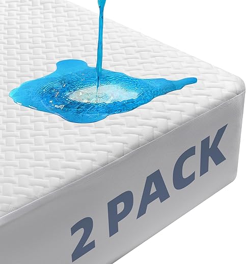 2 Pack Waterproof Mattress Protector Queen Size, Cooling Mattress Cover Queen Size Bed Soft Breathable Mattress Pad Cover Fitted 8-21'' Deep Pocket, Vinyl Free