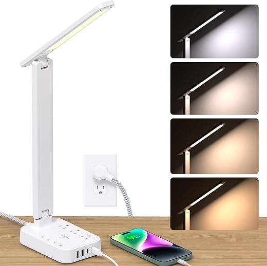 Addtam LED Desk Lamp, Power Strip with 3 Outlets 4 USB Charging Ports(2 USBC), 4 Modes 5 Level Brightness Touch Lamp, Small Desk Lamp for Home Office College Dorm Room...