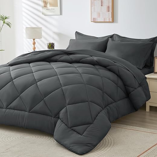 HEVUMYI 7 Pieces Queen Comforter Set, All Season Reversible Bed in a Bag Queen, Ultra Soft Queen Bedding Set with Grey Comforter, Flat Sheet, Fitted Sheet, Pillowcases, Pillow...