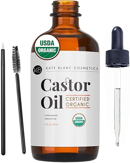 Kate Blanc Cosmetics Castor Oil Organic (2oz), 100% Pure, Cold Pressed, Hexane Free. Natural Oil for Hair, Eyelashes, Eyebrows. Skin Moisturizer with Starter Kit