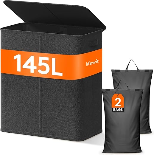 Lifewit Double Laundry Hamper with Lid and Removable Laundry Bags, Large Collapsible 3 Dividers Dirty Clothes Basket with Handles for Bedroom, Laundry Room, Closet, Bathroom,...