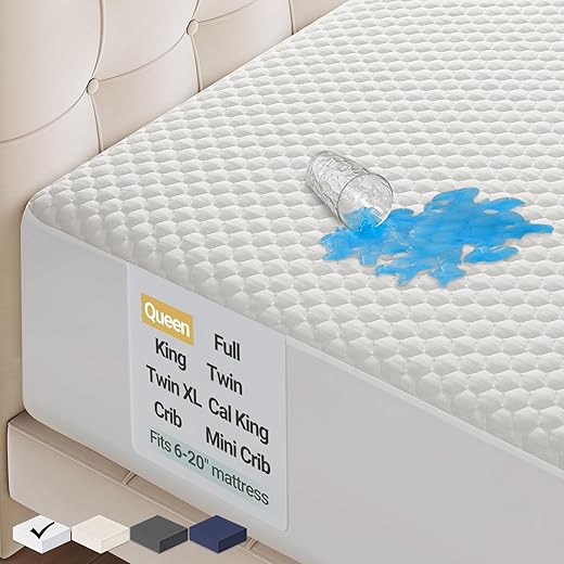 OhGeni 100% Waterproof Mattress Protector, Queen Size Mattress Pad, Fits 6"-20" Mattresses with Deep Pocket, Cooling, Breathable Fitted Sheets, Soft Bed Cover, Noiseless,...