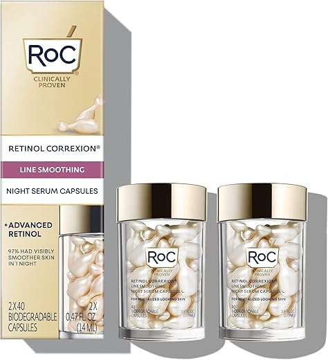 RoC Retinol Correxion Anti-Aging Wrinkle Night Serum, Daily Line Smoothing Skin Care Treatment for Fine Lines, Post-Acne Scars, 80 Capsules (Limited Edition Value Set)